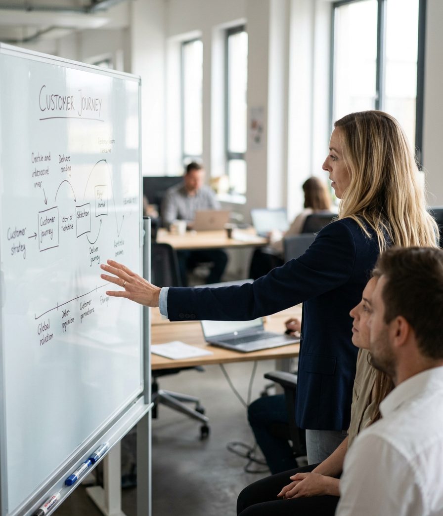 Presenting a customer journey map on a whiteboard during a working session
